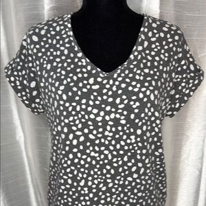 Moa Moa V Neck Polka Dot Gray White Women’s XS Short Cuffed Sleeve Shirt Dress